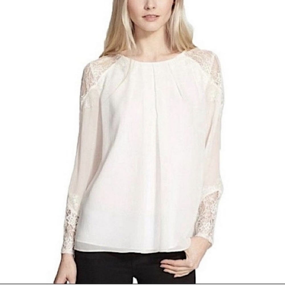 Alice+ Olivia Danyelle Lace Blouse M Silk Blend Long Sleeve Top Beige